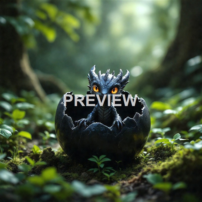 A small, black dragon with orange eyes and tiny horns is sitting inside a cracked eggshell in a lush, green forest.